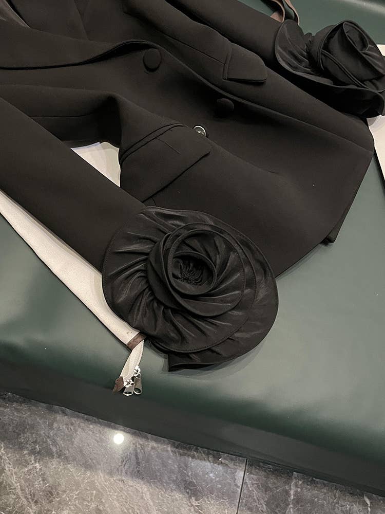 Black SY392 Double-Breasted  Suit Jacket with 3D Flower Cuffs for wholesale on Faire2