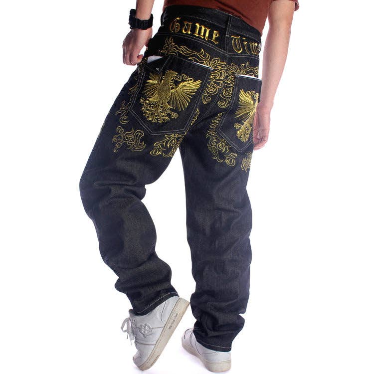 Black Straight Leg Embroidered Denim Pants Trendy Casual Hip Hop for wholesale on Faire3