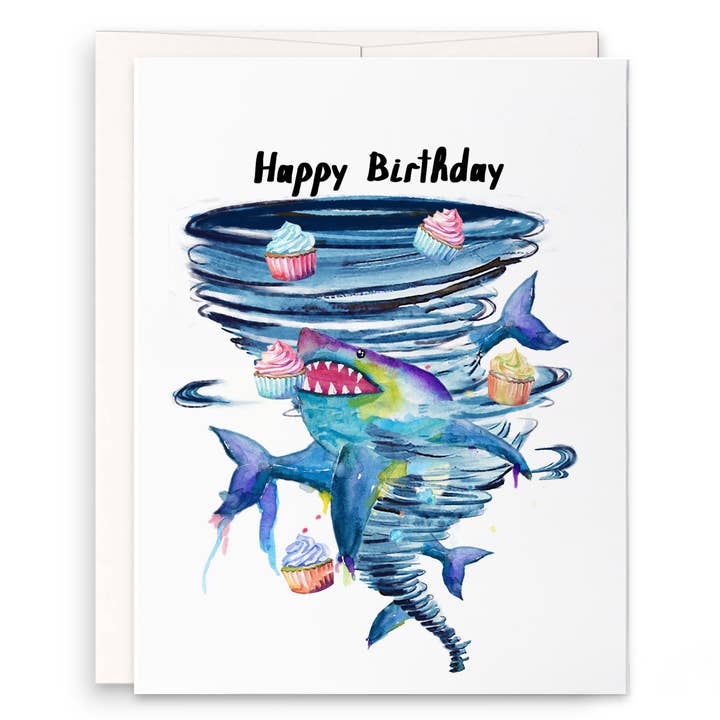 Sharknato Birthday Cake — Biglietto di auguri divertente per la vendita all'ingrosso da parte di Liyana Studio