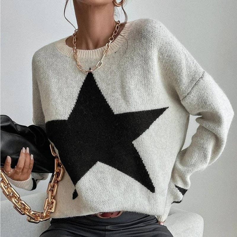 Dipped Shop - Wholesale Knit Sweater - Women's - Round Neck Star Jacquard Pullover Sweater DPT14271
