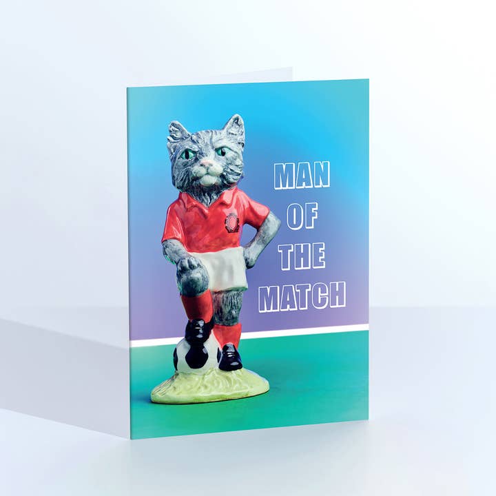 Man Of The Match Footballing Cat Greetings Card for wholesale by Ornament Art