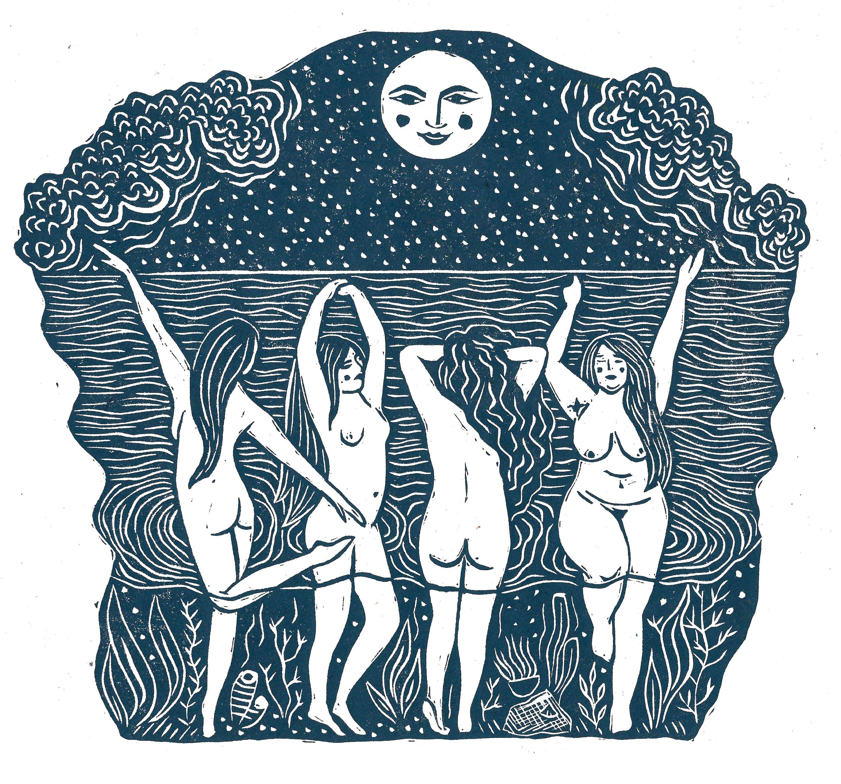 Prints by the Bay – wholesale Everyday greeting card – Moondance Card moon art, wild swimming, sea theme1