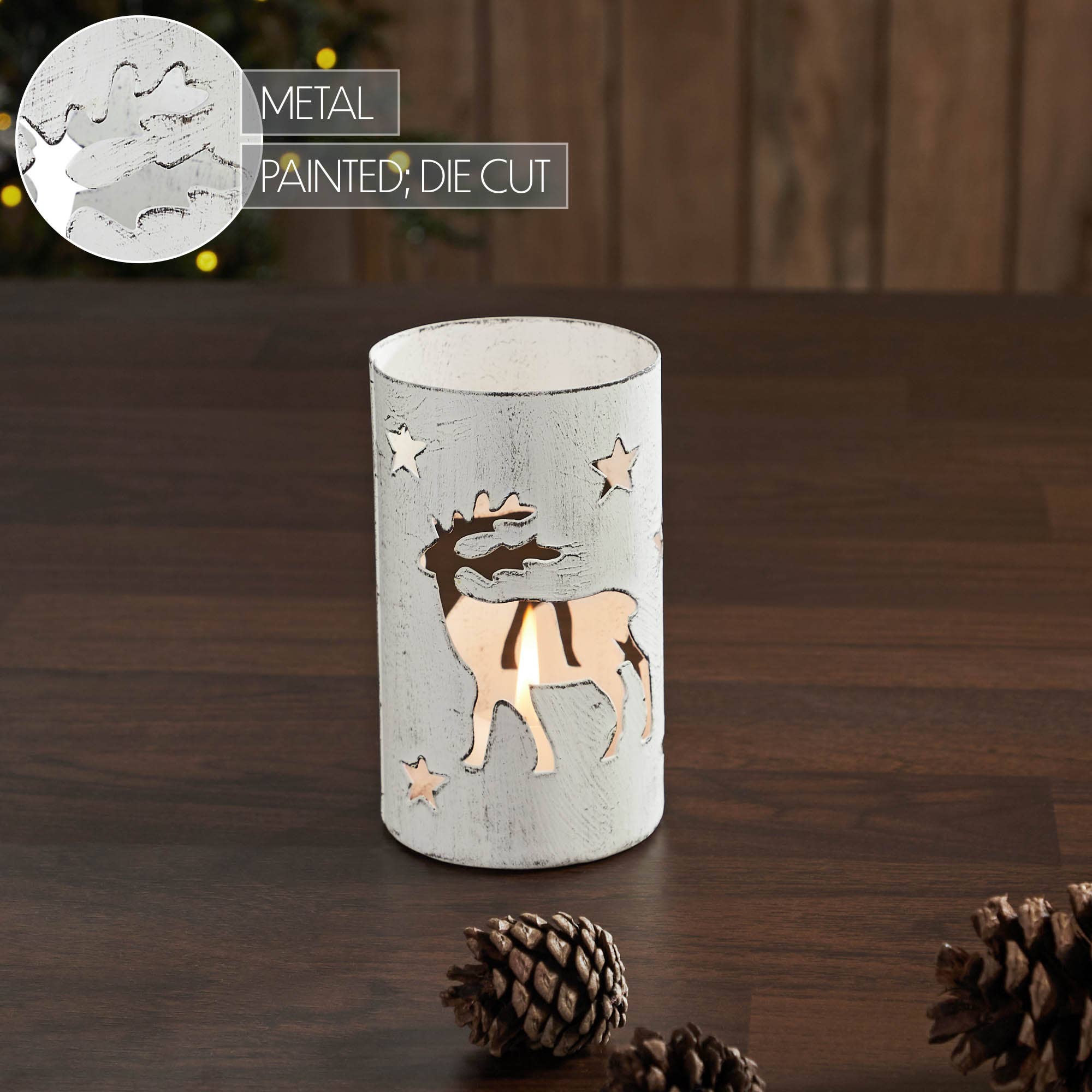 VHC Brands - Wholesale Candle Holder - Winter Walk Distressed White Metal Candle Holder 4.25x2.75x2.755