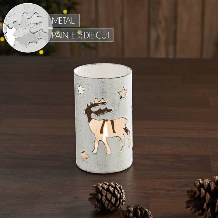 VHC Brands - Wholesale Candle Holder - Winter Walk Distressed White Metal Candle Holder 4.25x2.75x2.755