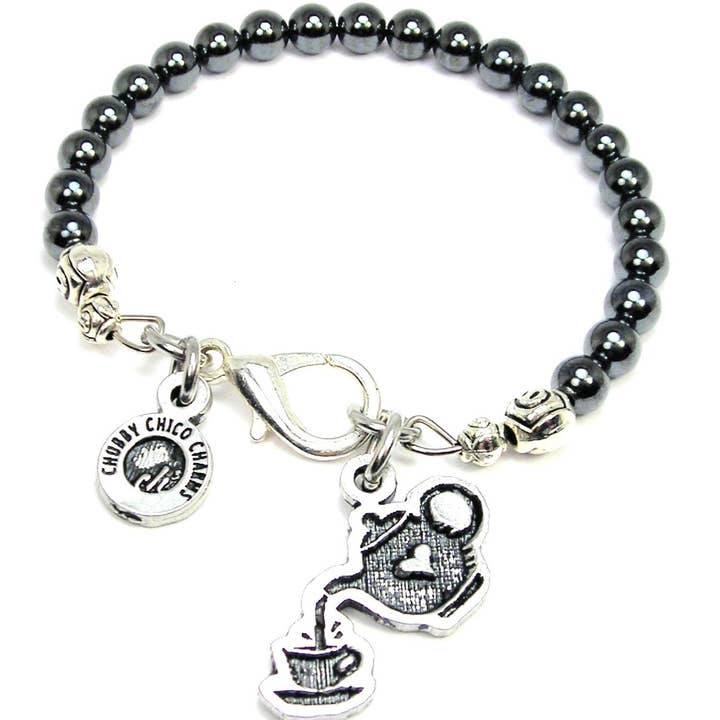 Adorable tetera verter taza de té hematita cristal pulsera para venta al por mayor de Chubby Chico Charms