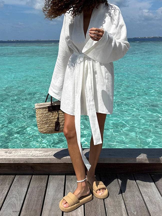 Linen Cotton Belted Maxi Dress Women White N5A548 for wholesale on Faire4