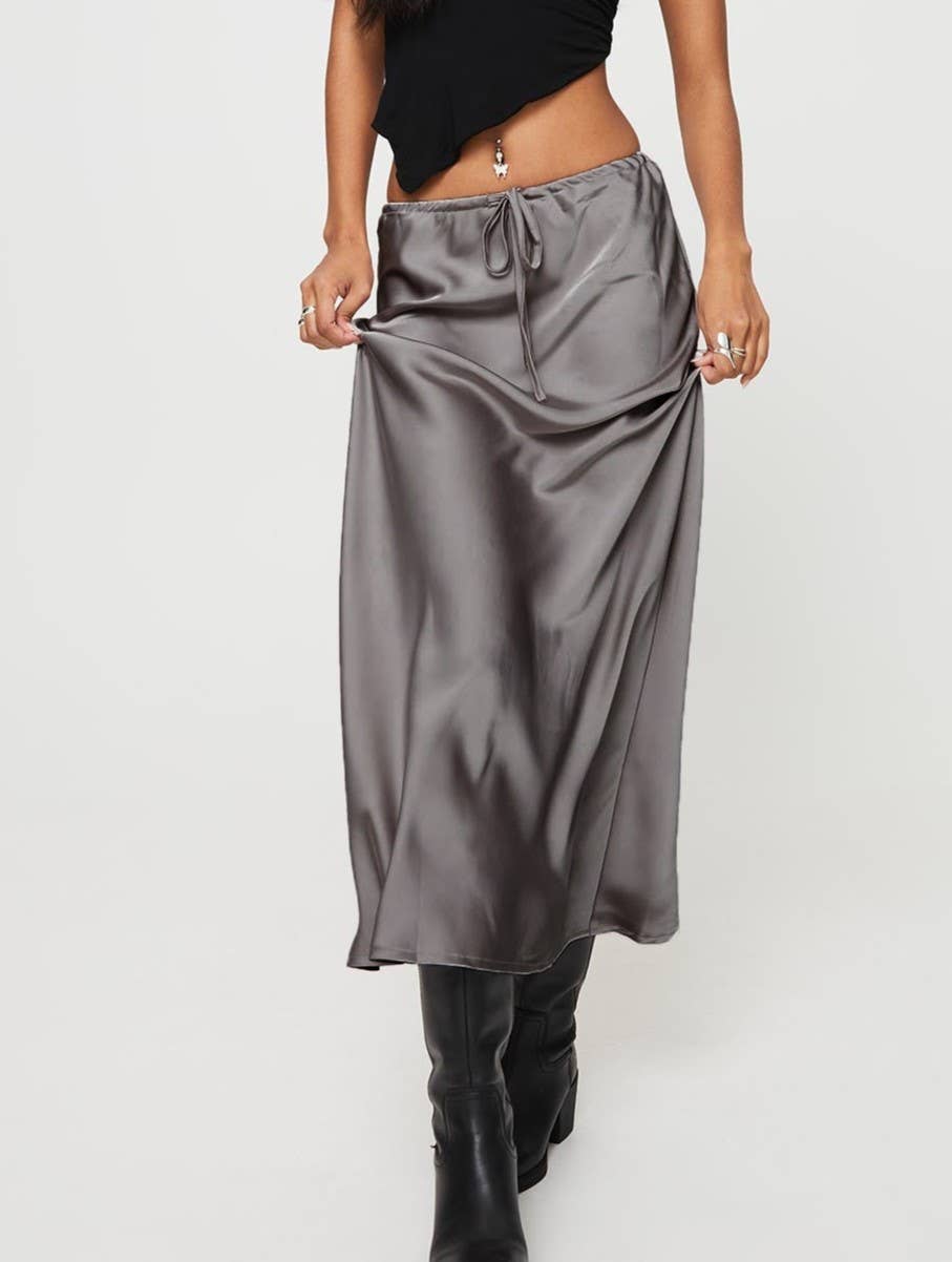 HIDDENBRAND - Wholesale Skirt - Women's - Satin High-Waisted Drawstring Tie Maxi Skirt15