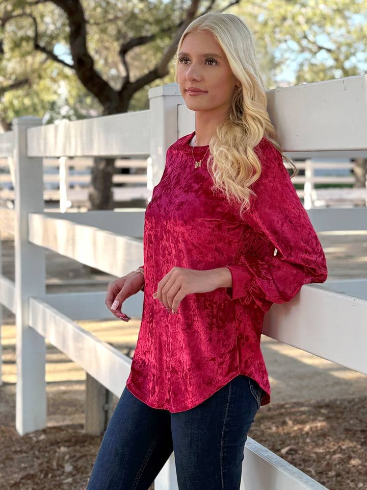 Top de Veludo com Manga Comprida e Decote Redondo - Fabricado nos EUA por atacado de 24-Hrs Fashion