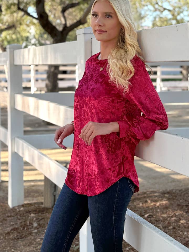 Long Puff Slv Velvet Top and Round Neckline - Made in USA for wholesale by 24-Hrs Fashion