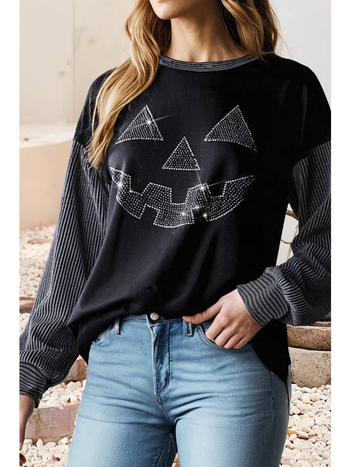 Black LDC Pumpkin Face Contrast Ribbed Long Sleeve Patchwork Top for wholesale on Faire
