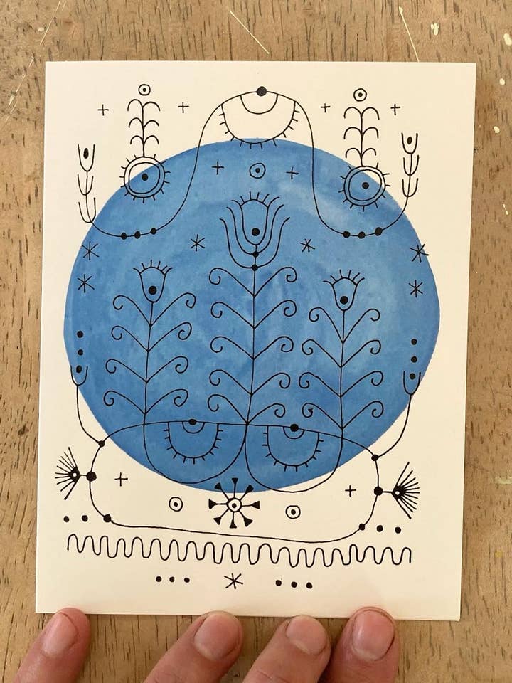 Nordic embroidery (blue) blank greeting card for wholesale by Maren Inga