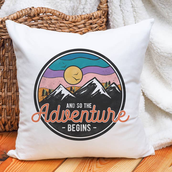 Adventure Begins Pillow, Travel Decor for wholesale by Canary Road