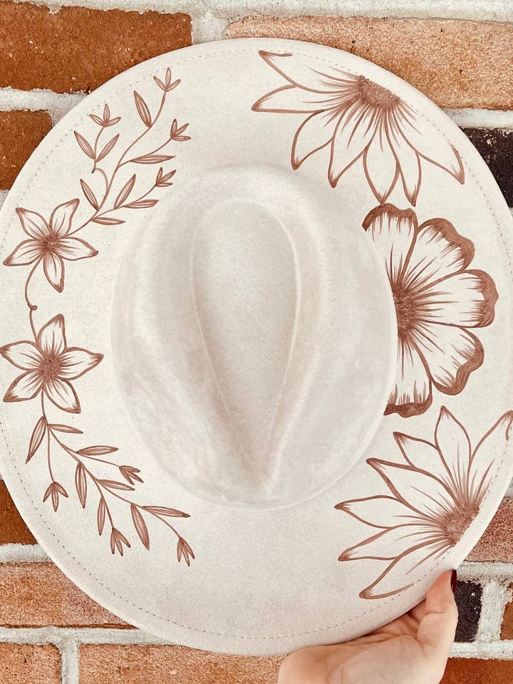 Hand Burned Custom Wide Brim Hat- Ivory Floral for wholesale by Kissin’ Kate Customs