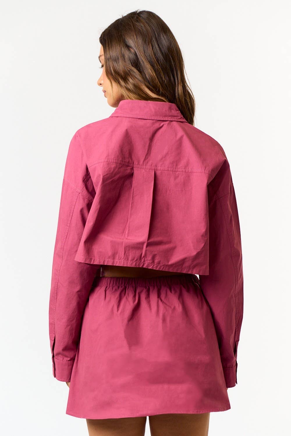 BURGUNDY Poplin Button Down Crop Shirt Jacket for wholesale on Faire3