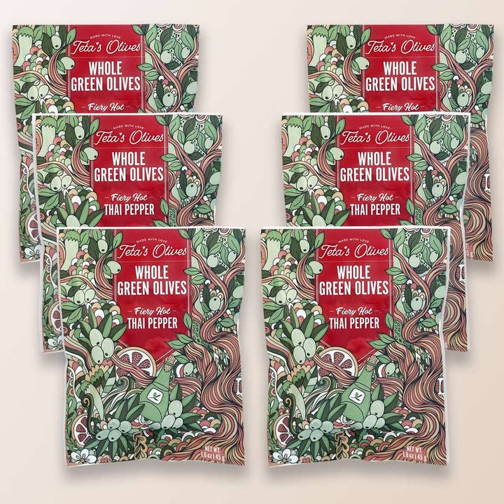 Cracked Green Olive Snacks, Thai Pepper (1.6oz, 6 Pack) for wholesale by Teta's Olives