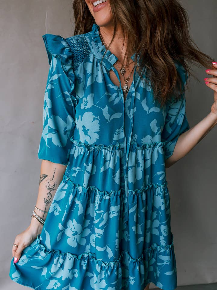 Blå Blomstret Halværmet Lagdelt Flæse Mini Kjole for engroshandel hos Lovesoft