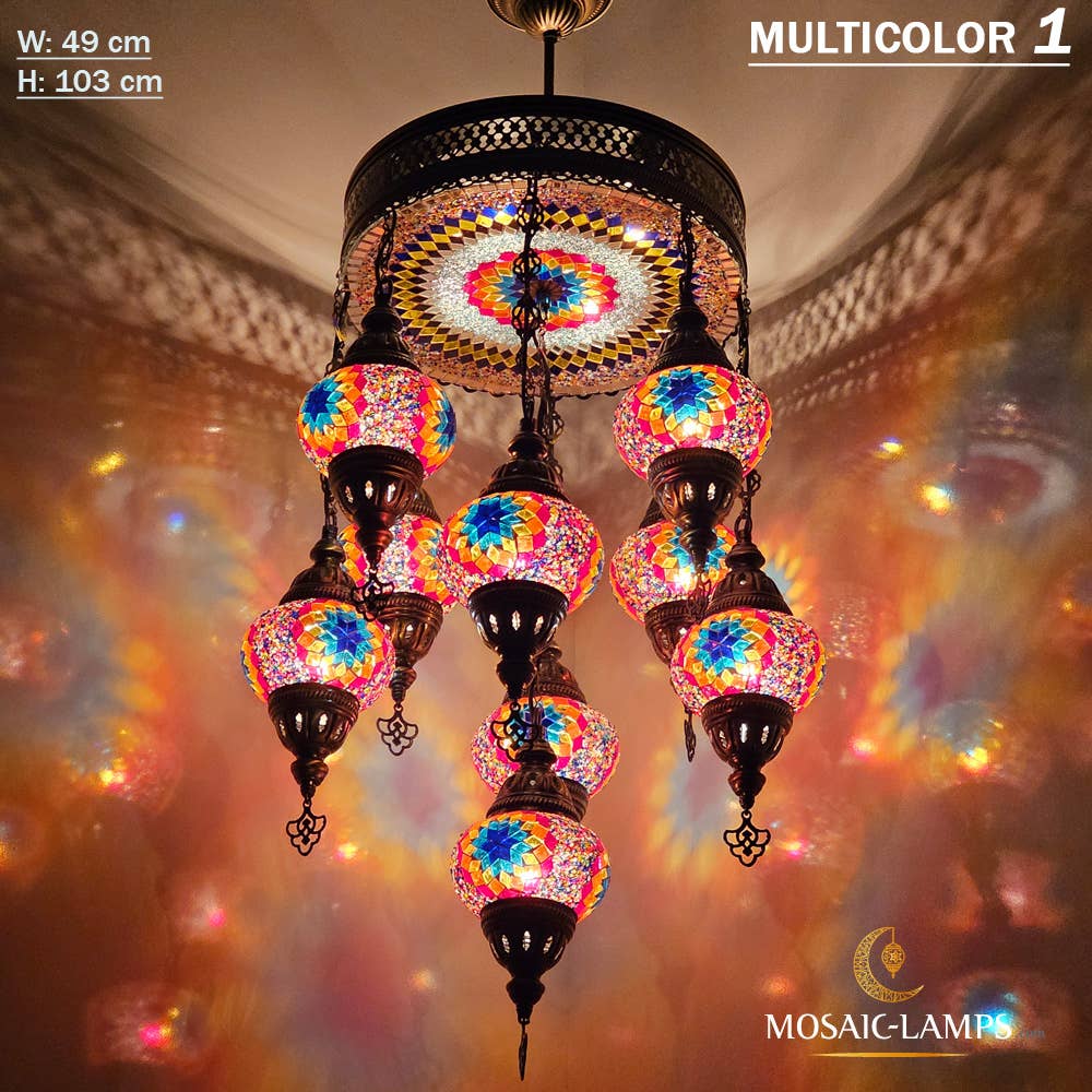 Mosaic Lamps – Großhandel Kronleuchter/Hängeleuchte – 9+1 türkische Kronleuchter mit gemischtem Globusmosaik, gemischte Siedlung12