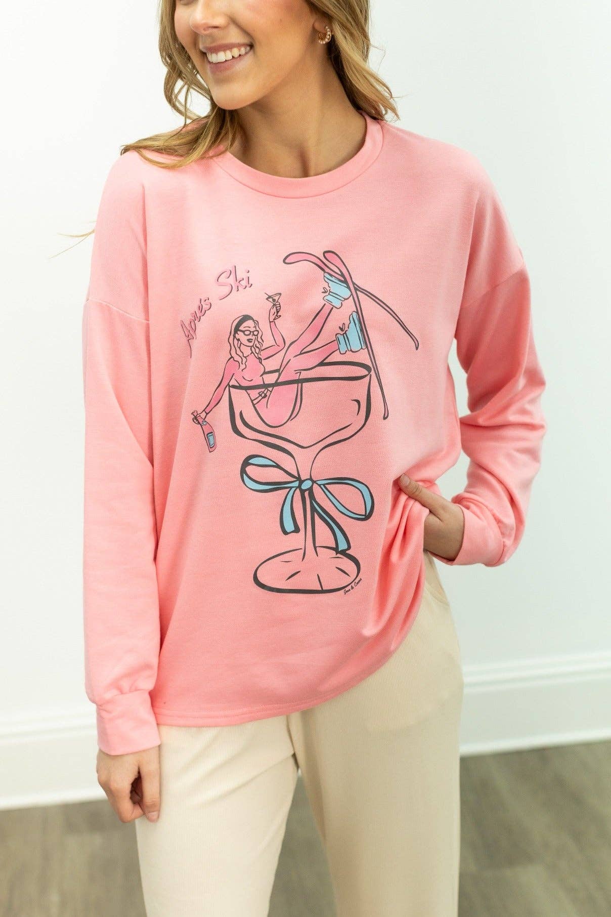 Apres Ski on Light Weight Sweatshirt, Pink for wholesale on Faire8