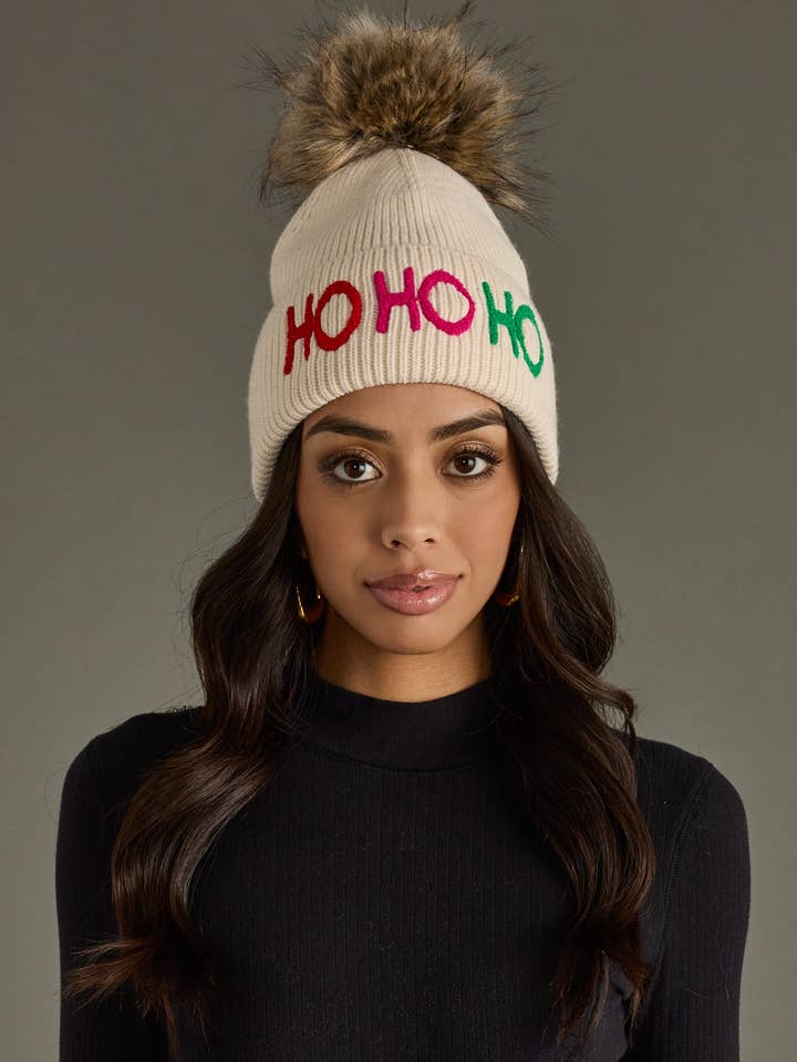 Beige Ho Ho Ho Knit Pom Hat for wholesale by Panache Apparel Co.