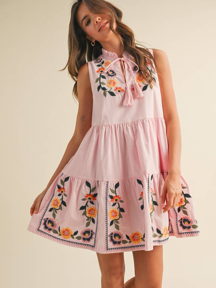 &MERCI - Wholesale Dress - Women's - FLORAL EMBROIDERY TIERED MINI DRESS MDR384126