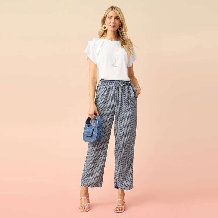 Navy White Sarina Cinched Pant with Front Tie - 4th of July for wholesale on Faire