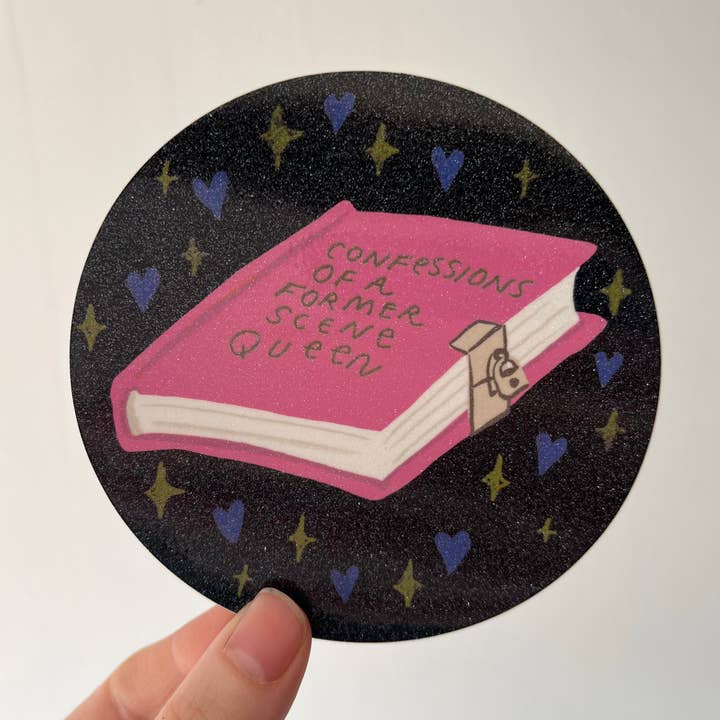 Confessions of a Former Scene Queen Sparkle Sticker for wholesale by Ramona Muse Lambert