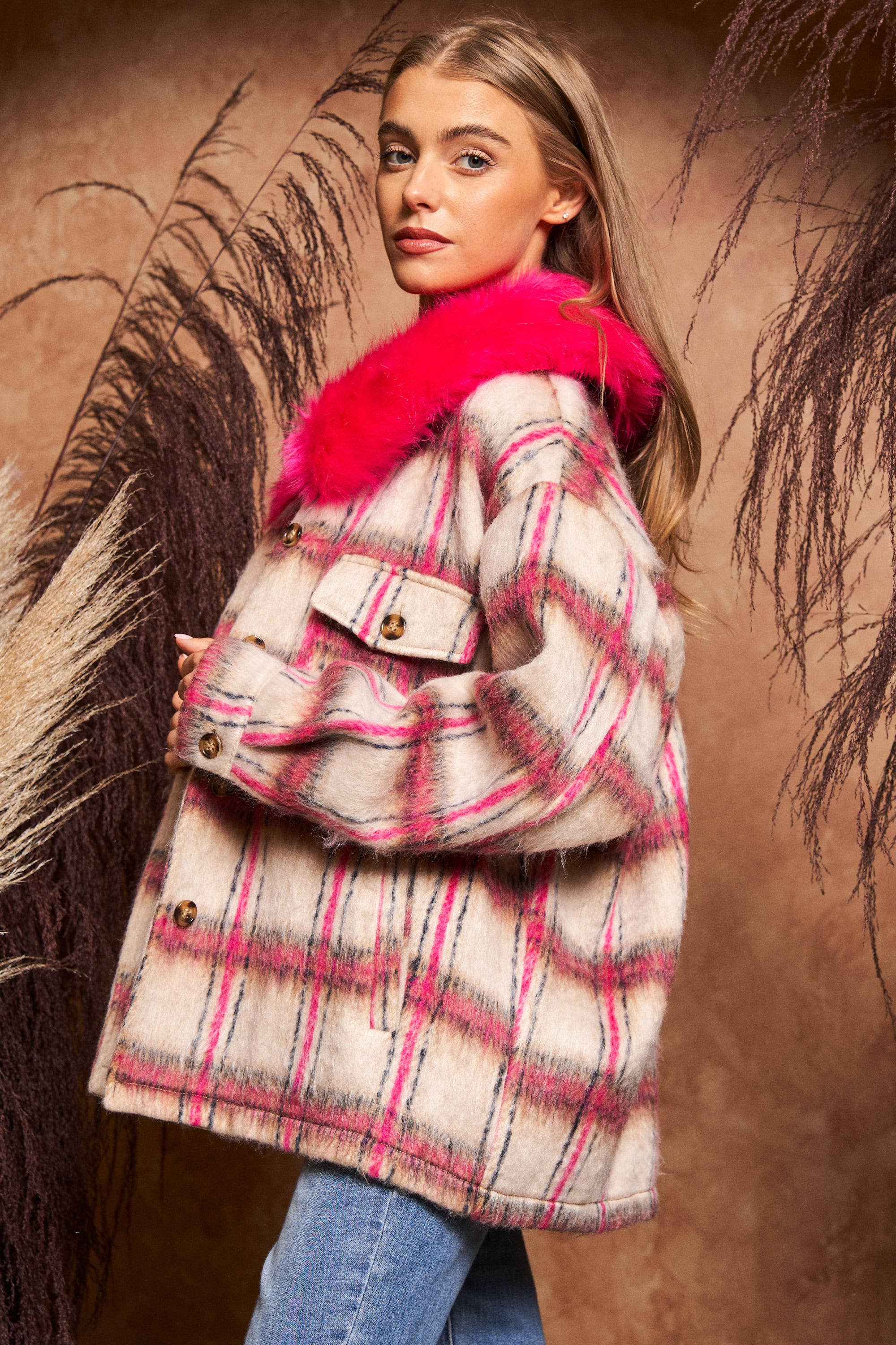 HOT PINK BEIGE PLUS MULTI PLAID FUR COLLAR SEPARATELY JACKET for wholesale on Faire5