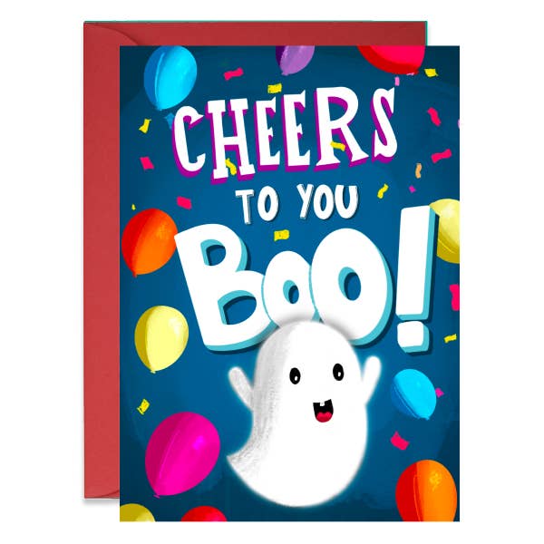 Cheers to You, Boo – Ghost Birthday Greeting Card for wholesale by Pam Casey Art
