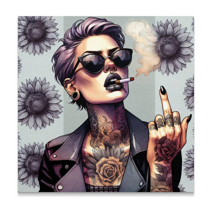 FreakyTeeFactory – Poster por atacado – Poster Edgy Punk Girl, Arte de Parede de Mulher Tatuada, Arte de Cabelo Roxo, Impressão em Tela de Fumaça e Atitude, Decoração de Casa Street Style, Ideia para Presente2