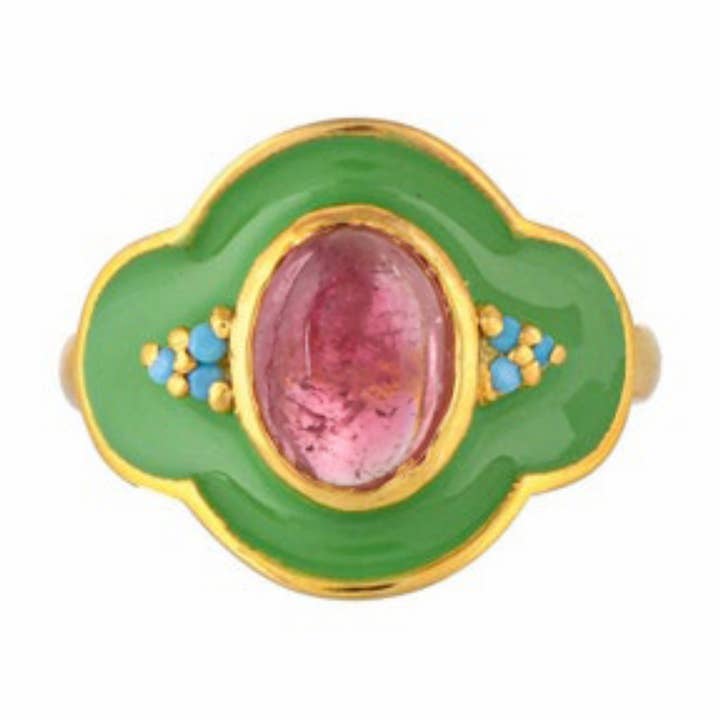 Tourmaline Turquoise Gold Plated Enamel Ring, Vintage Style for wholesale by Misteerious Seed