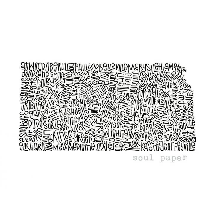 Kansas Map for wholesale by Soul Paper