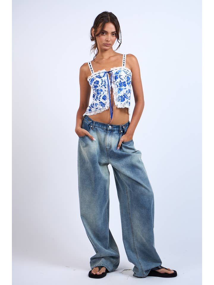 NAVY FLORAL FRONT HOOK&EYES CAMI CROP TOP for wholesale on Faire