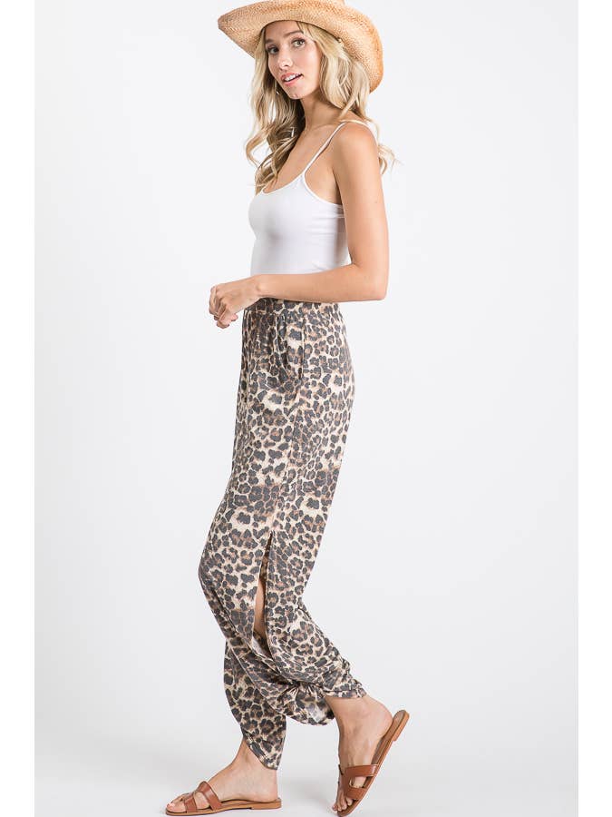 Mocha Leopard Print Lightweight Split Side Ankle Tie Pants P3377 for wholesale on Faire5