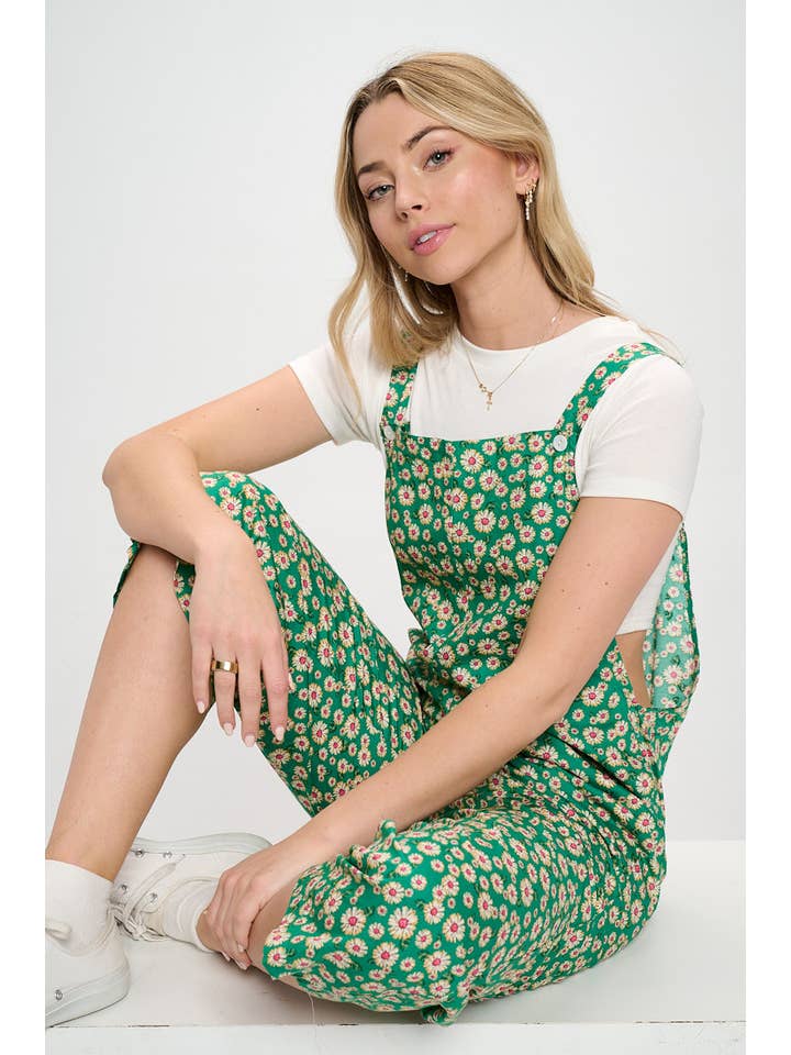 SM WARDROBE - Wholesale Overalls - Women's - GREEN DAISY FLORAL PRINT JUMPSUITS WITH POCKETS OVERALL