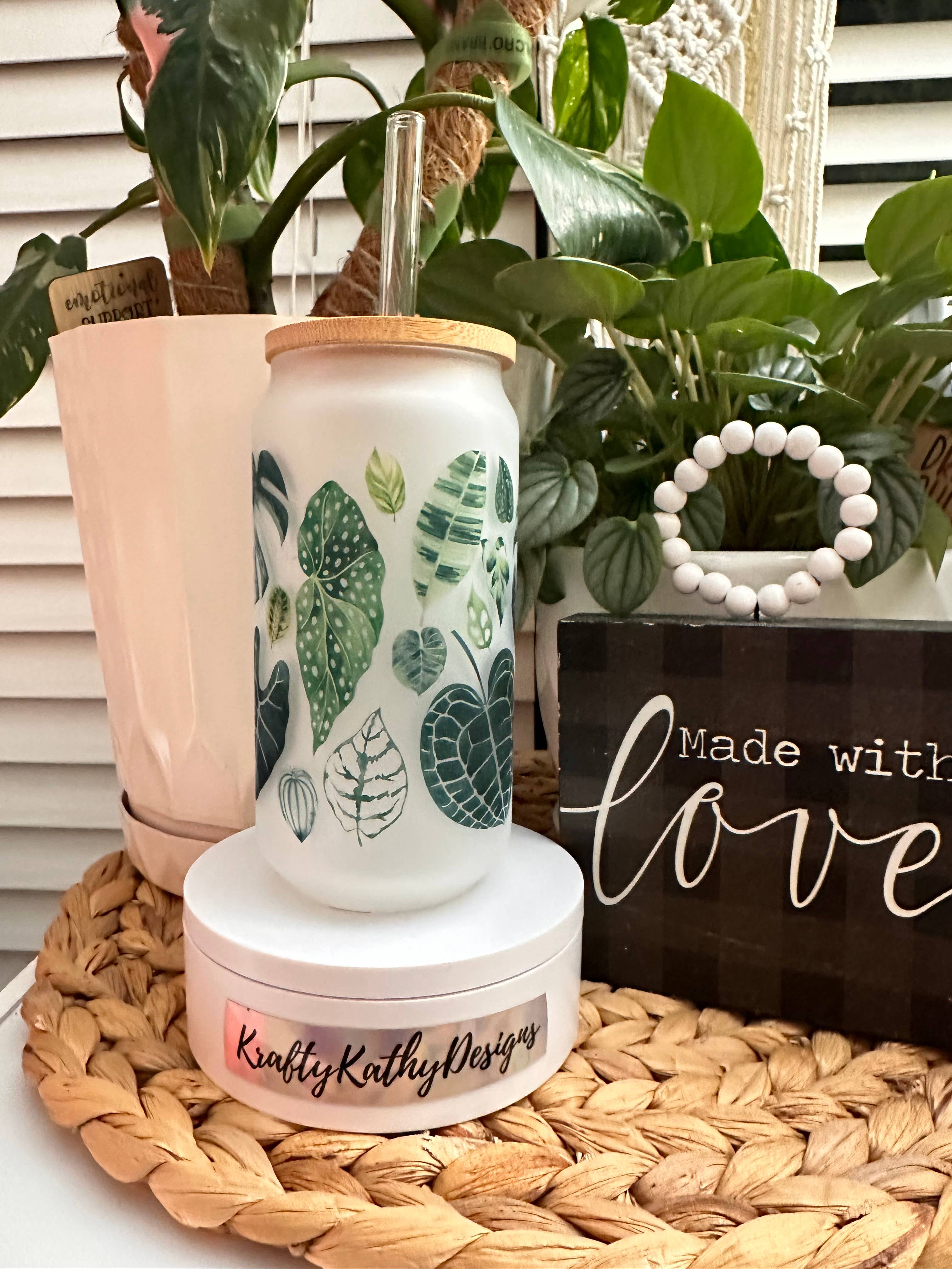 KraftyKathyDesignsCo - Vente Verre/tasse - Canette à bière Plants Tropical Leaves en verre de 18 oz (givré) 2