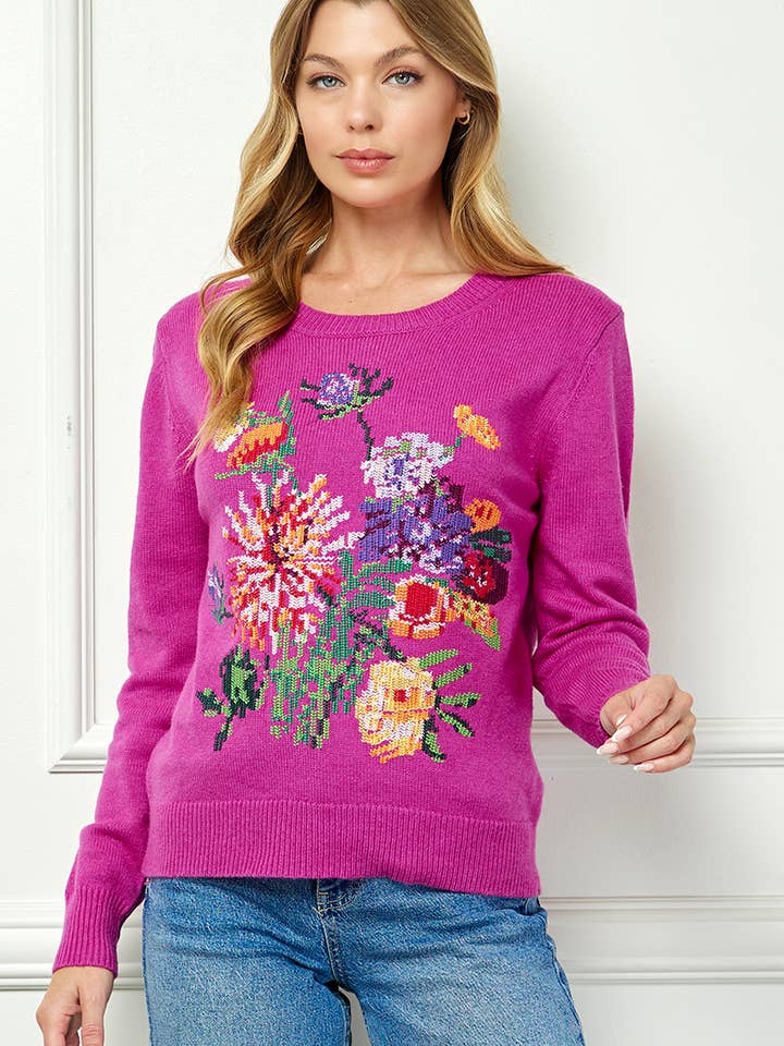 SW6875 Floral Embroidered Pixel Knit Sweater for wholesale by See and Be Seen