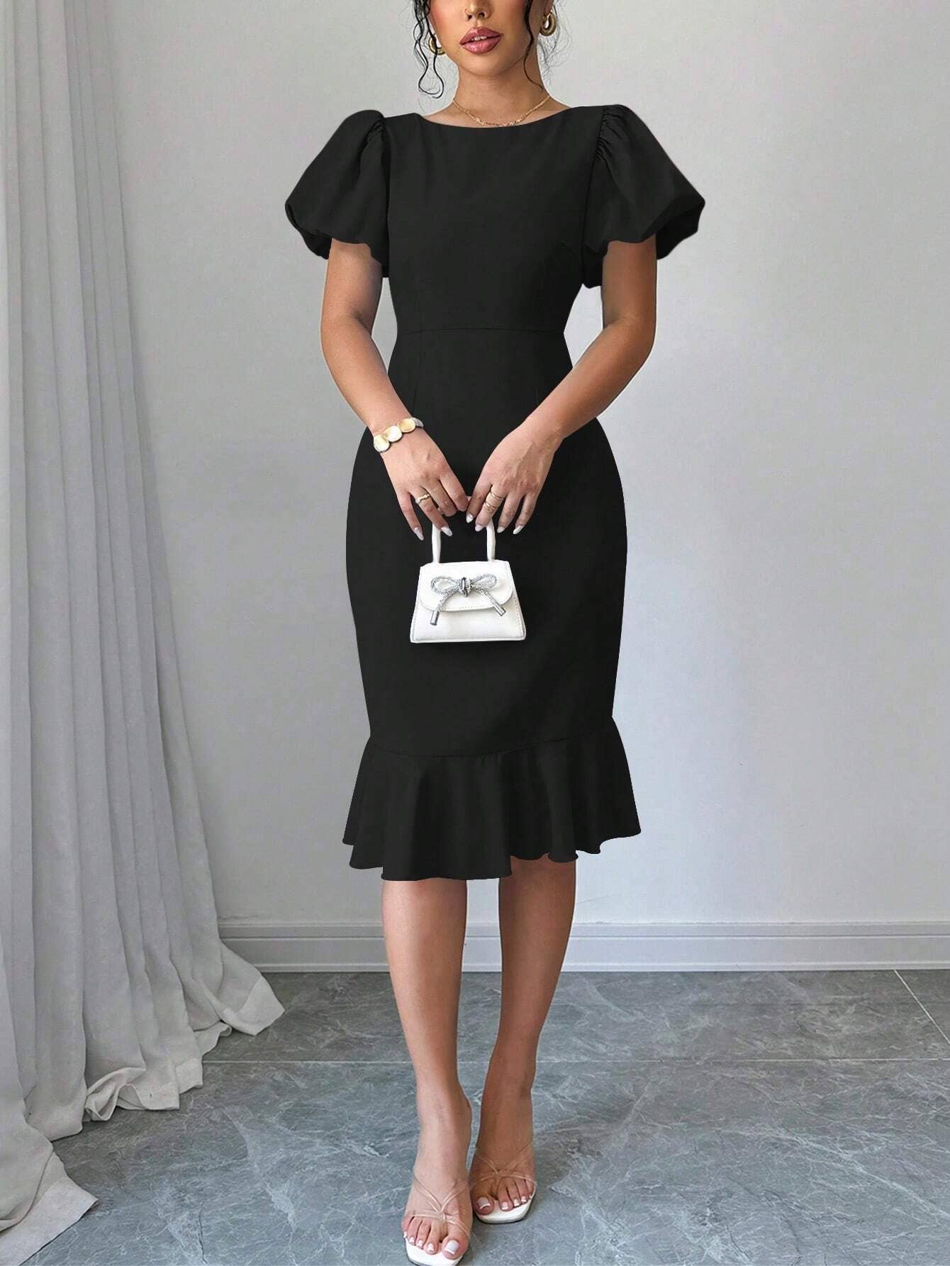 UNISHE - Vendita all'ingrosso Vestito - Donna - Abito a sirena con maniche a lanterna sexy e volant GSS13016