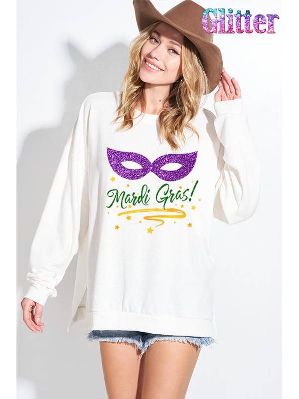 Tri blend sweatshirts met glitterprint op Mardi Gras Day voor wholesale door MintChoco