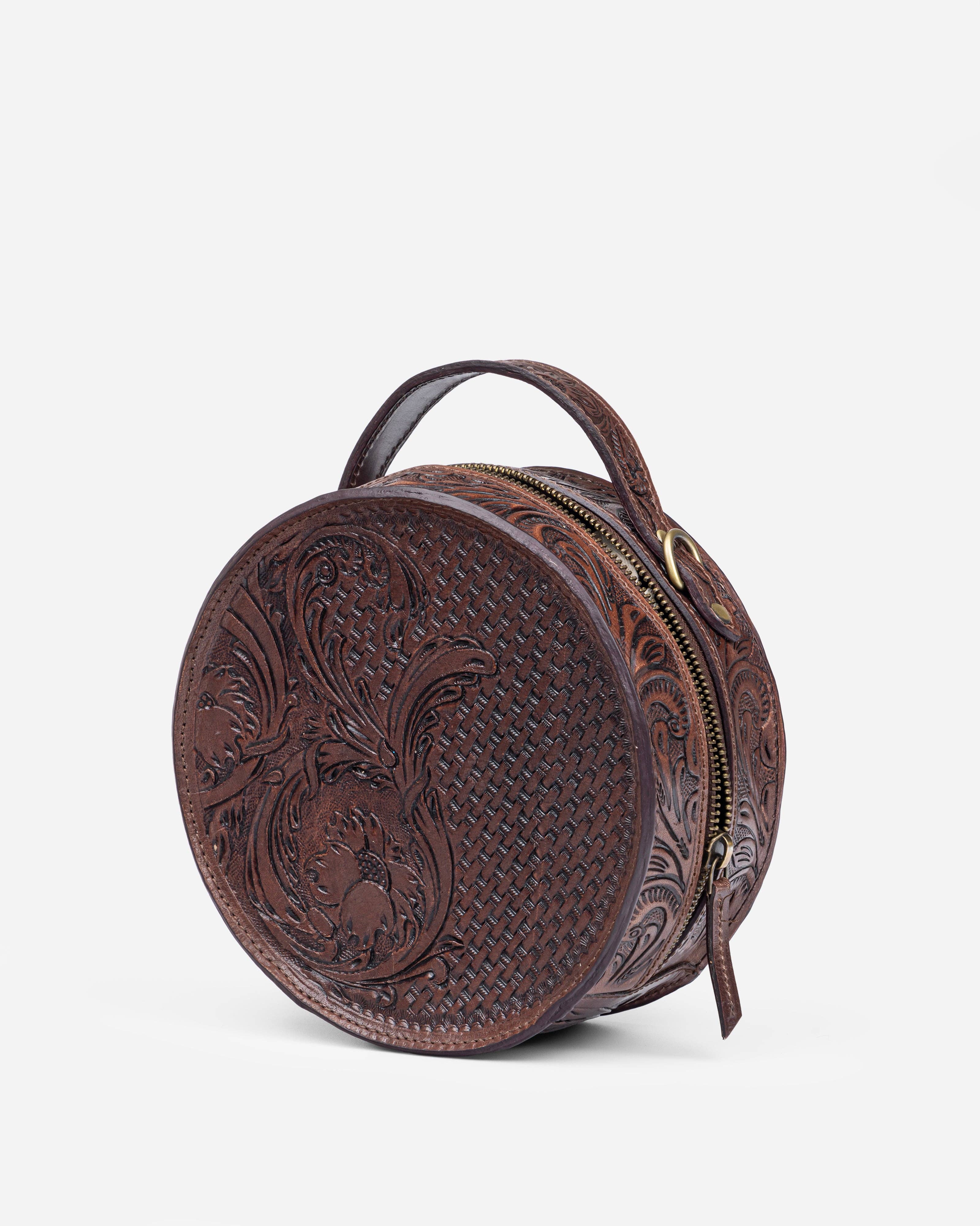 House of Kraft Jewelry & Accessories - Wholesale Top Handle Bag - Women's - Woven Petals Design | Brown Leather Bag | Round Bag11