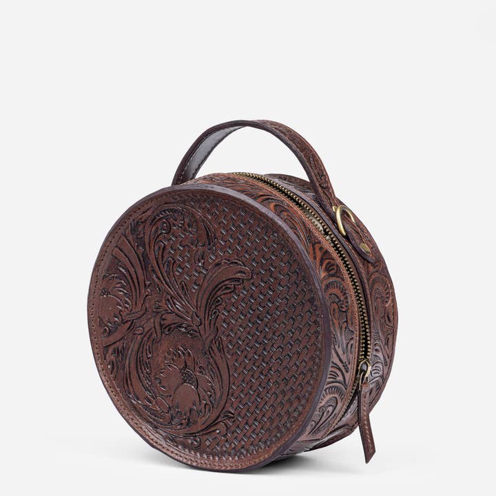 House of Kraft Jewelry & Accessories - Wholesale Top Handle Bag - Women's - Woven Petals Design | Brown Leather Bag | Round Bag11