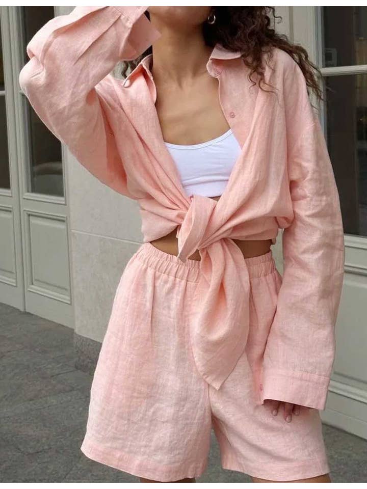 Sweetkama - Wholesale Top & short set (NOT loungewear) – Women’s - Ladies Solid Color Button Down Long Sleeves Shirt & Shorts Set3