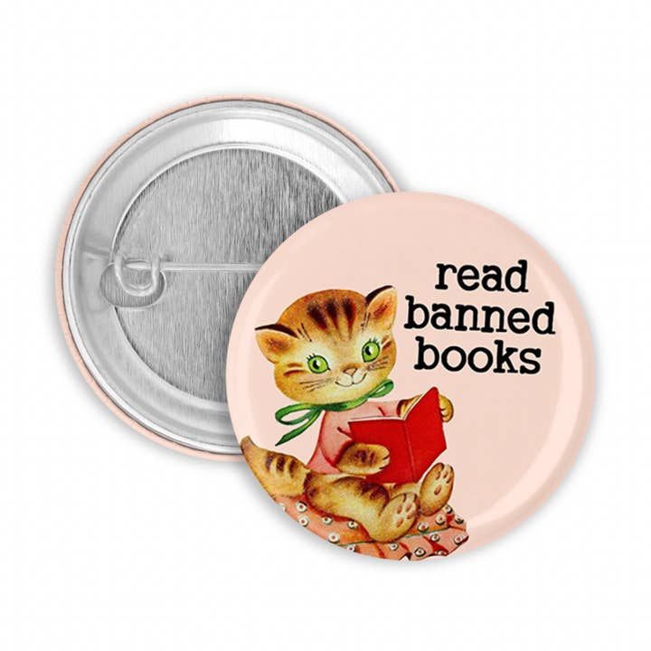 Read Banned Books Cat Pinback Button for wholesale by The Pin Pal Club