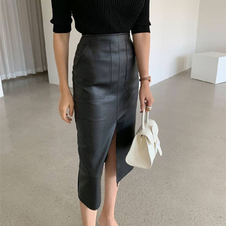 Women Fashion Sexy Solid Color Pu Leather Split Skirt for wholesale by SALINA TRADING INC