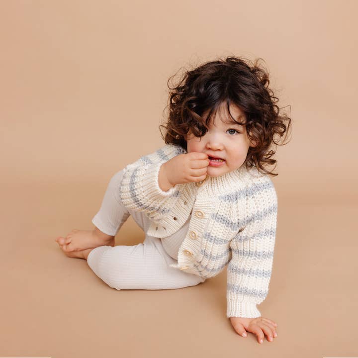 The Blueberry Hill - Wholesale Cardigan - Baby - Rib Knit Stripe Cardigan, Bowie Grey Baby Kid Sweater Basics