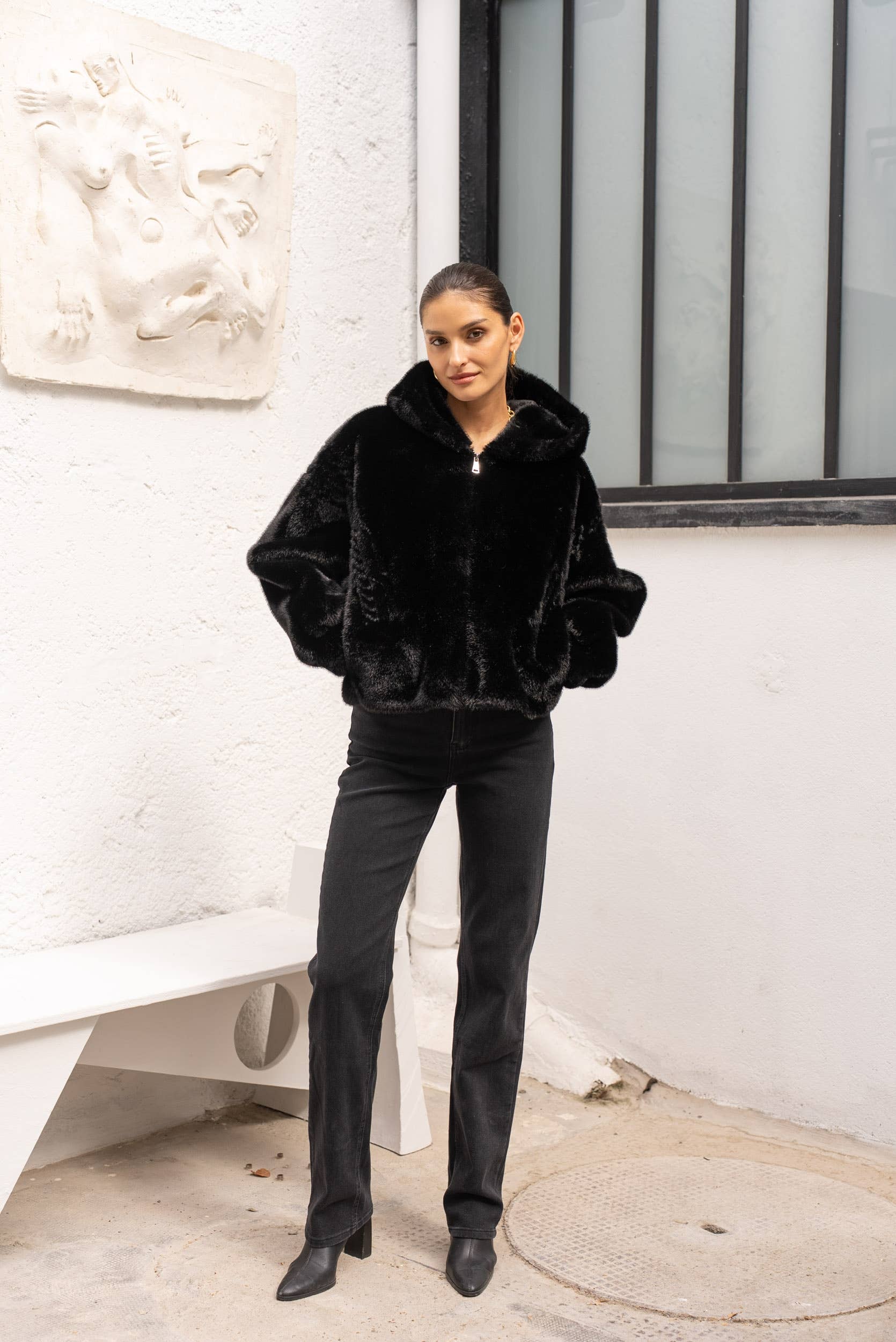 Attentif Paris - Wholesale Fur/Faux Fur Coat - Women's - Short coat with hood in faux fur with braided details7