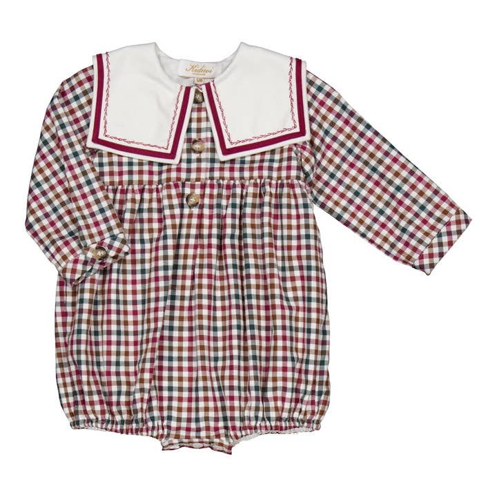 Paulin, baby romper, in burgundy gingham and pine for wholesale by Kidiwi handmade