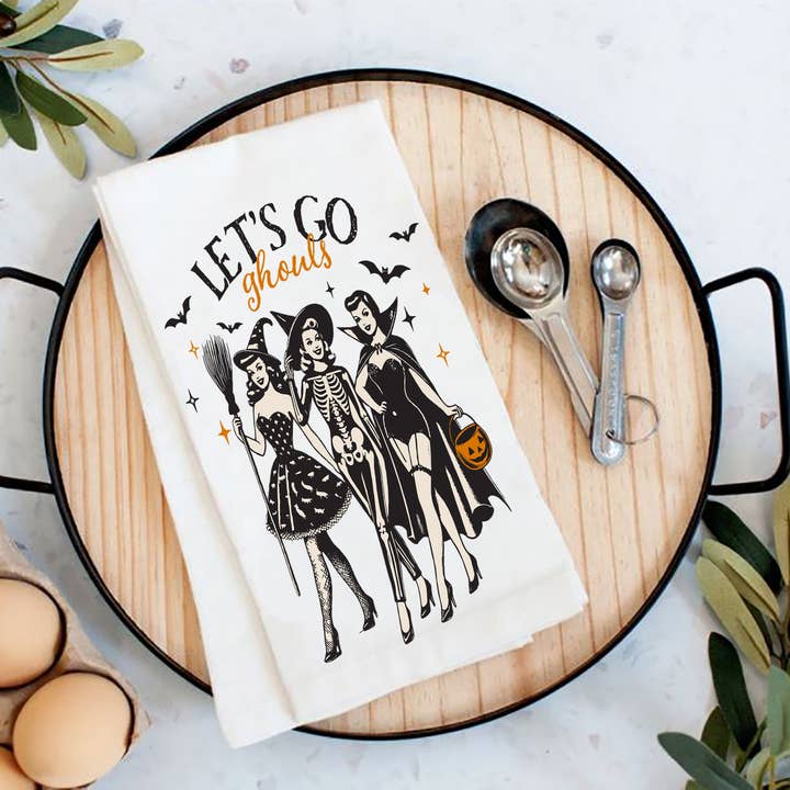 Halloween Retro Let's Go Ghouls Tea Towel for wholesale by Avery Lane Gifts