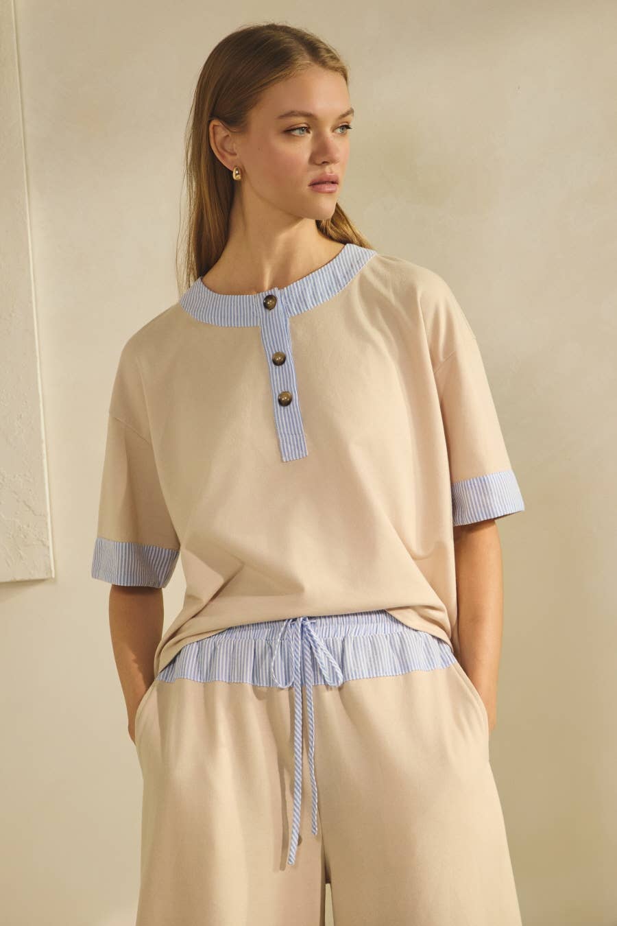 Oddi - Wholesale Top & Pant Set (NOT Loungewear) - Women's - Contrast-trim Henley Top And Pants Set3