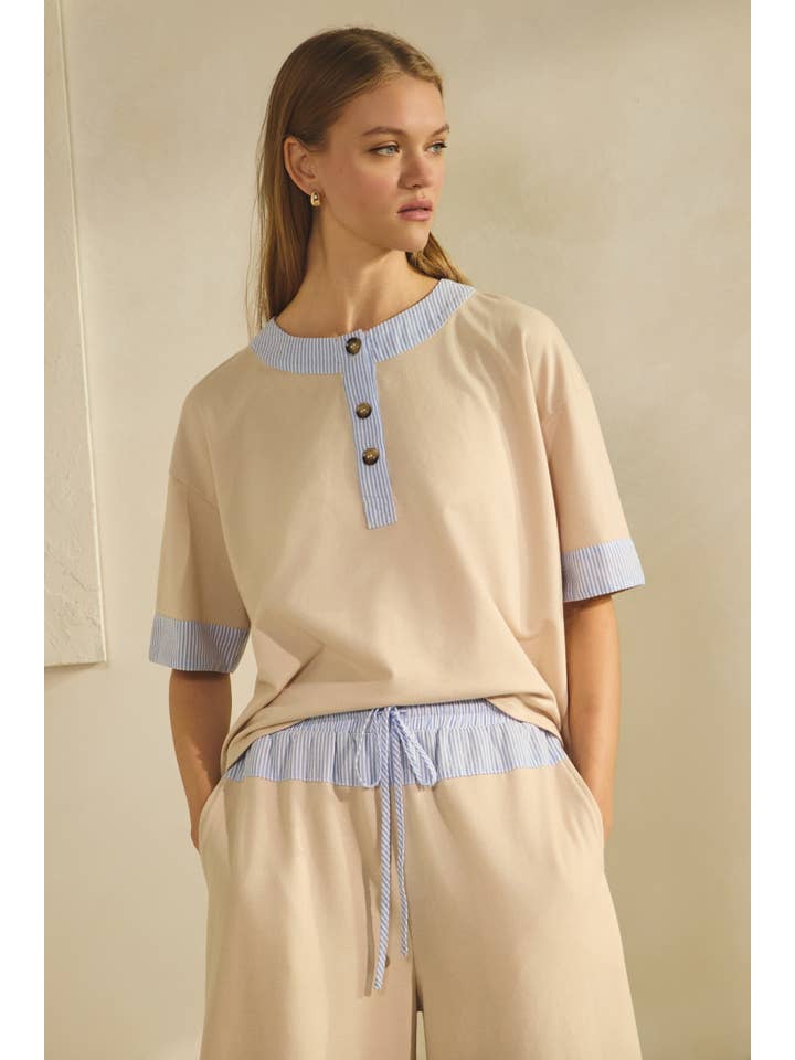 Oddi - Wholesale Top & Pant Set (NOT Loungewear) - Women's - Contrast-trim Henley Top And Pants Set3