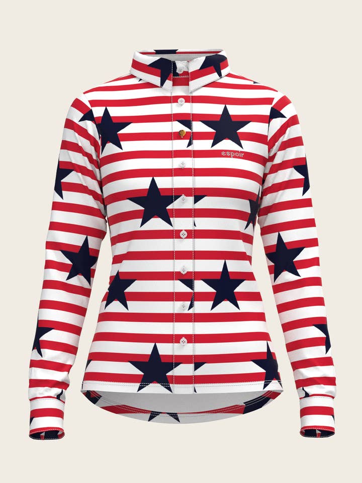 Chemise boutonnée pour femme avec étoiles bleues sur rayures rouges pour la vente par Espoir Equestrian